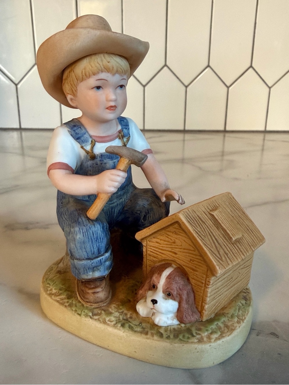 Vintage 1985 Homco Denim Days #1503 Boy Building Dog House